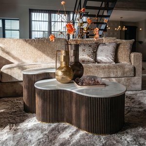 View Mayfield white marble top 2 tier coffee tables - dark wood fluted base