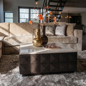 View Claremont dark wood square geometric coffee table with travertine top