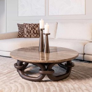 View Chainey coffee table - round - ash brown - travertine and mango wood