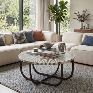 View Hammond coffee table - round - radial sunburst - white - bone inlay and metal