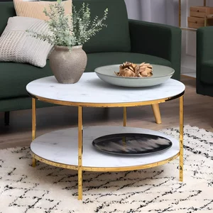 View Alisma coffee table - round - white marble and gold metal - with shelf