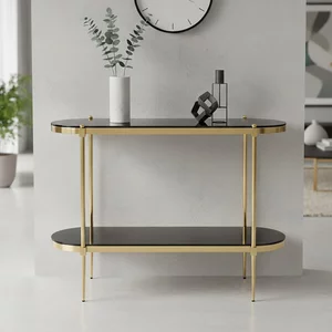 View Arezzo console table - oval - black glass and gold metal - with shelf