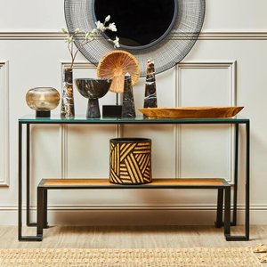 View Cibo console table - clear glass with black metal - with shelf