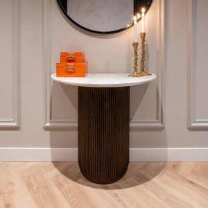 View Mayfield white marble top half moon console table - dark wood fluted base