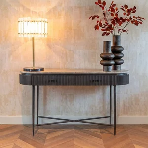 View Russo fluted console table - 2 drawer - oval - ash brown - travertine top and metal