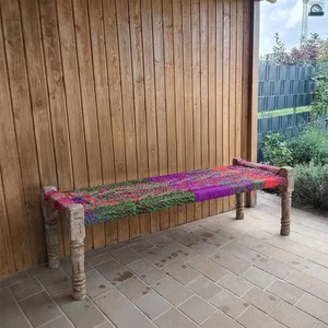 View Distressed charpai bench - handwoven - netted seat - multi color - wooden