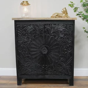 View Hall cabinet - black - carved mango wood - 2 door