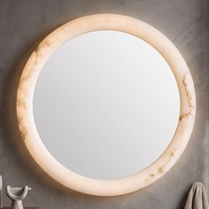 View Oravelle wall mirror - with lighting - round - white - resin and metal - 80cm x 80cm