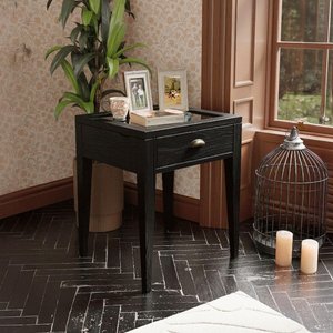 View Elmhurst square side table - 1 door 1 drawer - black and glass