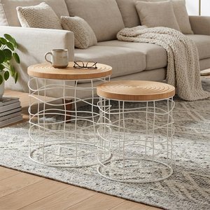 View Carving side table - round - set of 2 - natural and white - pine wood and metal