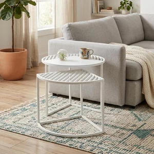 View Outdoor side table - round - 2 tier - white metal View Outdoor side table - round - 2 tier - white metal