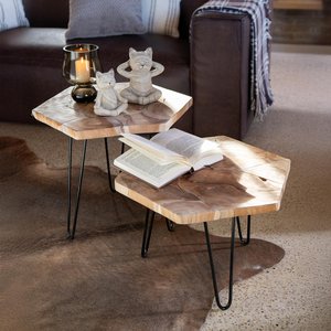 View Side table - hexagon - set of 2 - hairpin leg - natural - teak wood and metal
