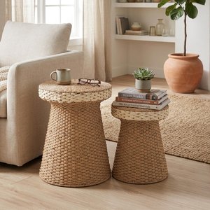 View Side table - round - set of 2 - woven design - natural and white View Side table - round - set of 2 - woven design - natural and white