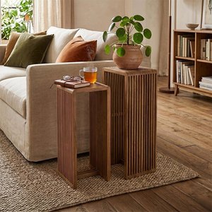 View Cubic side table - 2 tier - slatted - tall - natural - recycle teak wood