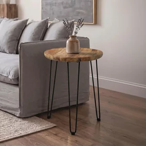 View Boho side table - small round with hairpin legs - mango wood