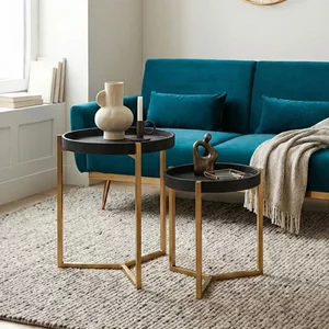 View Cardoba side tables - set of 2 - black faux shagreen with gold legs - round
