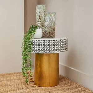 View Fusion side table - round - white bone inlay with gold base