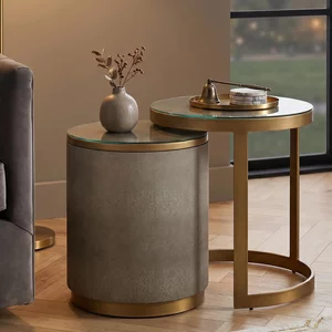 View Bloomville end table - round - 2 tier - shagreen faux leather - glass top