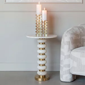 View Barbara end table - round - white and gold - glass and marble
