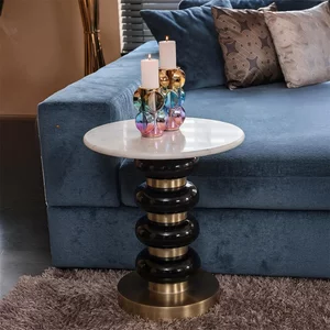 View Boann end table - round - white and black - glass and marble