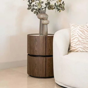 View Ellery end table - 2 drawer - round - brown - ceramic and wood View Ellery end table - 2 drawer - round - brown - ceramic and wood