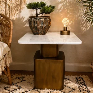 View Side table - square - white and antique gold - marble and metal