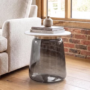 View Maia side table - round - white marble top - smoked glass