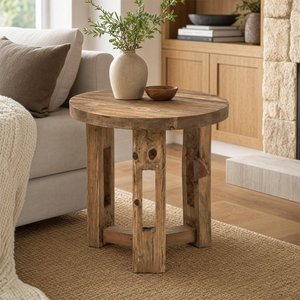 View Side table - round - open frame base - brown - recycled wood