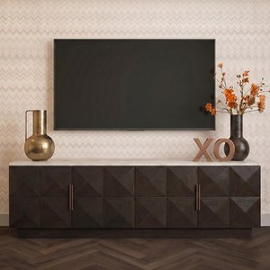 View Claremont dark wood extra large geometric tv unit with travertine top