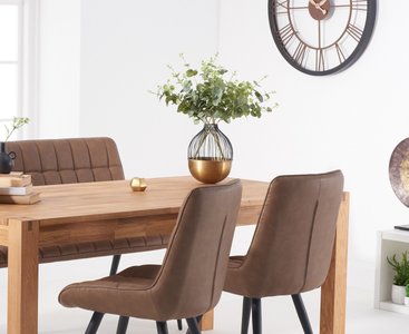 View Thetford 180cm oak table with 4 brown larson chairs and 1 brown bench View Thetford 180cm oak table with 4 brown larson chairs and 1 brown bench
