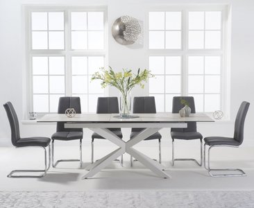 View Extending boston 180cm white ceramic dining table with 8 grey gianni chairs View Extending boston 180cm white ceramic dining table with 8 grey gianni chairs