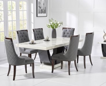 View Novara 170cm white and black pedestal marble dining table with 4 grey francesca chairs View Novara 170cm white and black pedestal marble dining table with 4 grey francesca chairs