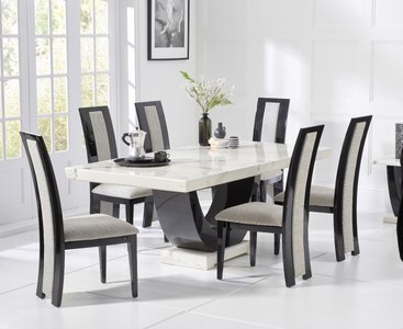 View Novara 170cm white and black pedestal marble dining table with 6 black novara chairs View Novara 170cm white and black pedestal marble dining table with 6 black novara chairs