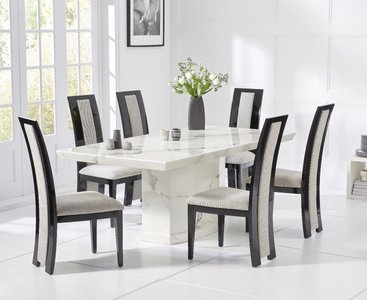 View Carvelle 200cm white pedestal marble dining table with 12 brown novara chairs View Carvelle 200cm white pedestal marble dining table with 12 brown novara chairs