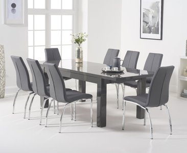 View Extending seattle 160cm dark grey high gloss dining table with 8 black marco chairs View Extending seattle 160cm dark grey high gloss dining table with 8 black marco chairs