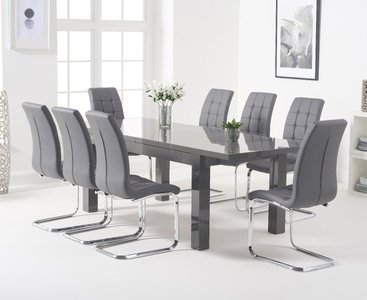 View Extending seattle 160cm dark grey high gloss dining table with 6 grey vigo chairs View Extending seattle 160cm dark grey high gloss dining table with 6 grey vigo chairs