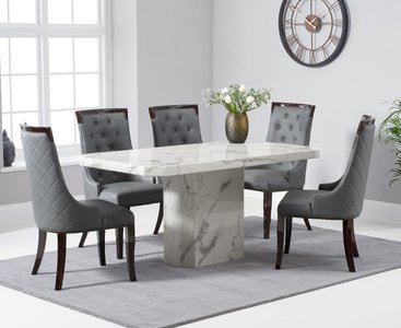 View Belle 160cm marble white dining table with 6 cream francesca chairs View Belle 160cm marble white dining table with 6 cream francesca chairs
