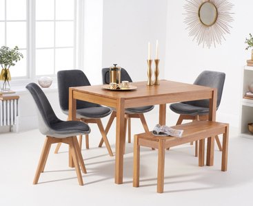 View York 120cm solid oak dining table with 2 grey orson chairs with 1 oak bench View York 120cm solid oak dining table with 2 grey orson chairs with 1 oak bench