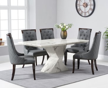 View Aaron 160cm marble white dining table with 6 grey francesca chairs View Aaron 160cm marble white dining table with 6 grey francesca chairs