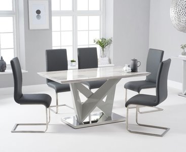 View Marcella 150cm marble effect high gloss light grey dining table with 4 grey austin chairs View Marcella 150cm marble effect high gloss light grey dining table with 4 grey austin chairs