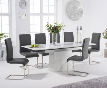 View Extending savona 160cm white ceramic dining table with 8 black austin chairs View Extending savona 160cm white ceramic dining table with 8 black austin chairs