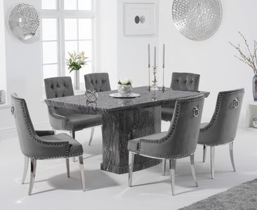 View Carvelle 160cm grey pedestal marble dining table with 4 grey sienna chairs View Carvelle 160cm grey pedestal marble dining table with 4 grey sienna chairs