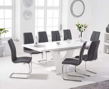 View Extending vittorio 160cm white high gloss dining table with 6 grey gianni chairs View Extending vittorio 160cm white high gloss dining table with 6 grey gianni chairs