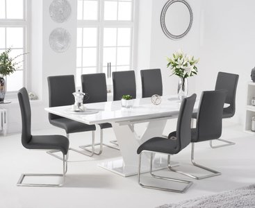 View Extending vittorio 160cm white high gloss dining table with 8 grey austin chairs View Extending vittorio 160cm white high gloss dining table with 8 grey austin chairs