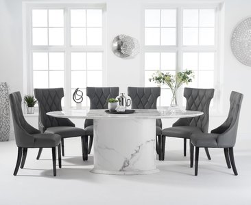 View Colby 200cm white oval marble dining table with 6 grey sophia chairs View Colby 200cm white oval marble dining table with 6 grey sophia chairs
