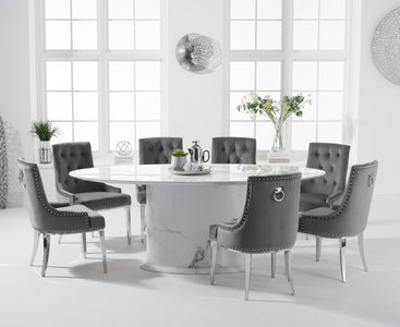 View Colby 200cm white oval marble dining table with 6 grey sienna chairs View Colby 200cm white oval marble dining table with 6 grey sienna chairs