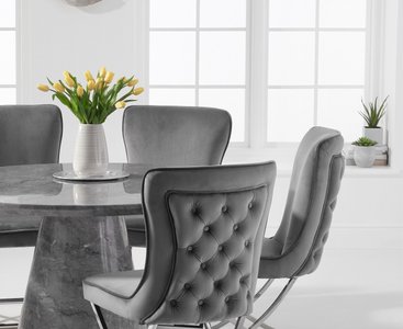 View Ravello 130cm round grey marble dining table with 4 grey lorenzo chairs View Ravello 130cm round grey marble dining table with 4 grey lorenzo chairs