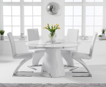 View Ravello 130cm round white marble dining table with 6 white aldo chairs View Ravello 130cm round white marble dining table with 6 white aldo chairs