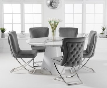 View Ravello 130cm round white marble dining table with 4 grey lorenzo chairs View Ravello 130cm round white marble dining table with 4 grey lorenzo chairs