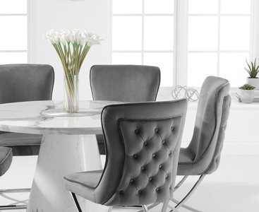 View Ravello 130cm round white marble dining table with 4 grey lorenzo chairs View Ravello 130cm round white marble dining table with 4 grey lorenzo chairs